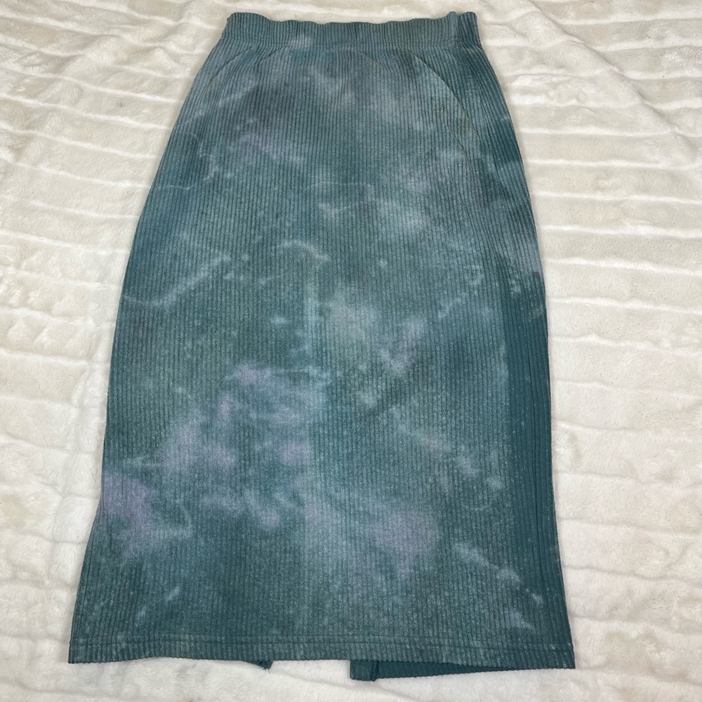 VTG 80s Ashly Brent S Green Bleach Dye Grunge Upcycle Pull On Midi Ribbed Skirt